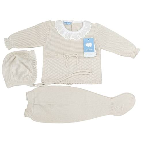 Beigefarbene Wollmischung für Neugeborene mit Mütze, Größe 1 Monat - 