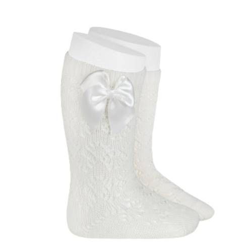 Calze lunghe bianche perle traforato con fiocco color latte Condor - 