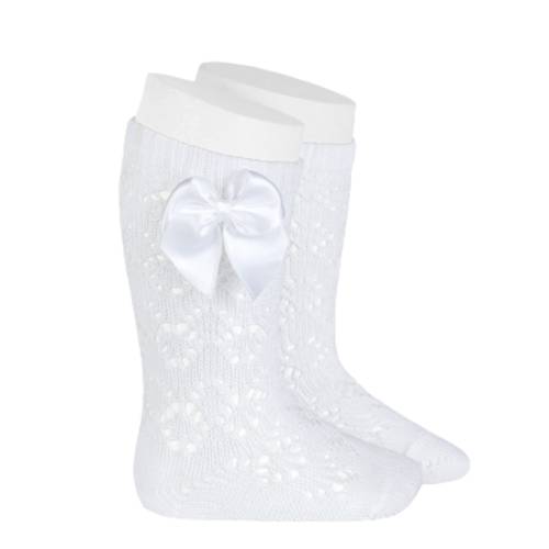 Calze lunghe bambina perle traforate con fiocco bianche - 