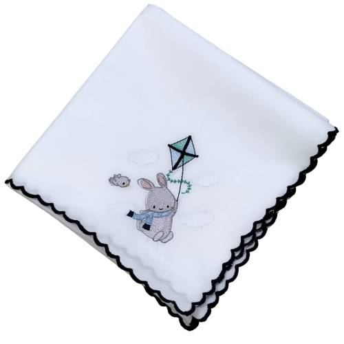 Mussolina quadrato in puro cotone bianco con smerlo blu e ricamo coniglietto - 