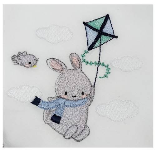 Mussolina quadrato in puro cotone bianco con smerlo blu e ricamo coniglietto -  2