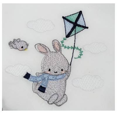 Mussolina quadrato in puro cotone bianco con smerlo blu e ricamo coniglietto - 