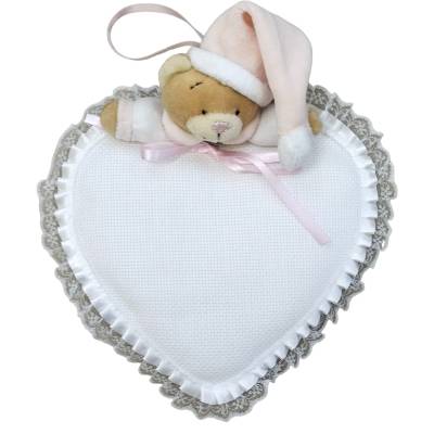Coccarda nascita sopraculla a cuore in tela aida con orsetto - 
