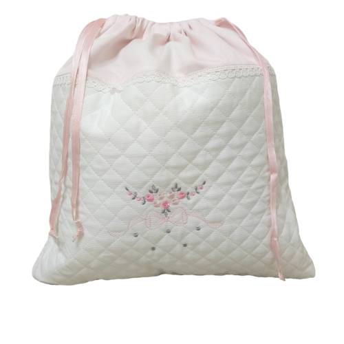 Sacca  cambio neonata in cotone bianca e rosa con nodo e fiori ricamati - 