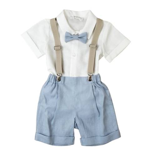 Completo bambino Battesimo bianco salopette con bermuda e bretelle Teto&Tatta - 
