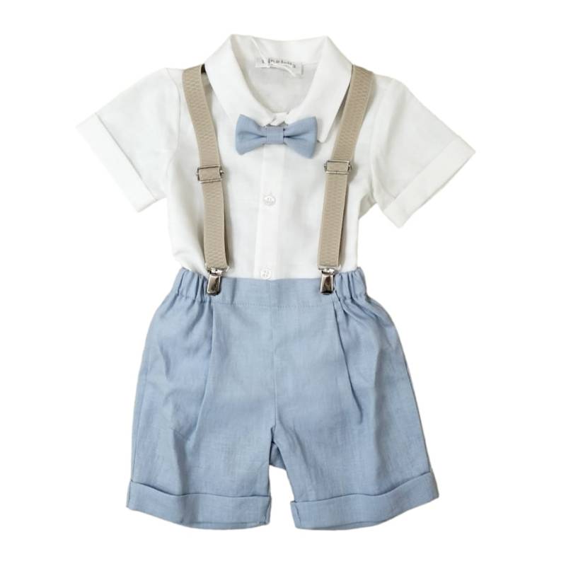Silk satin white christening outfit with bermuda shorts - 