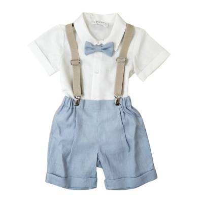 Completo bambino Battesimo bianco salopette con bermuda e bretelle Teto&Tatta - 