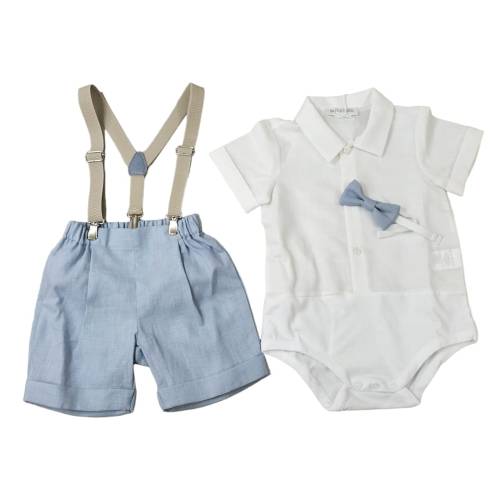Completo bambino Battesimo bianco salopette con bermuda e bretelle Teto&Tatta -  2