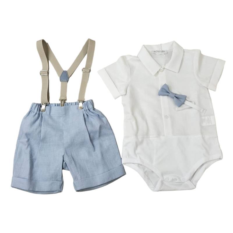 Completo bambino Battesimo bianco salopette con bermuda e bretelle Teto&Tatta - 