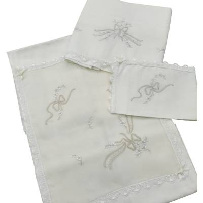 Copertina e lenzuolino neonato ricamato a mano color panna bianco e tortora - 
