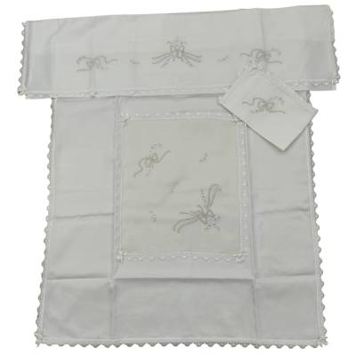 Copertina e lenzuolino neonato ricamato a mano color panna bianco e tortora - 