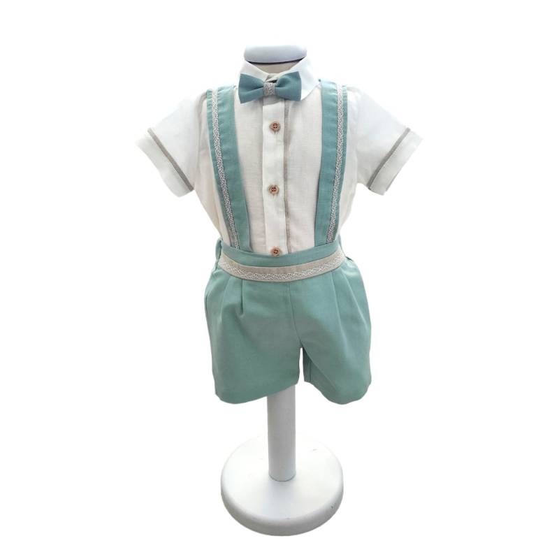 Completo elegante bambino color lino panna e verde - 