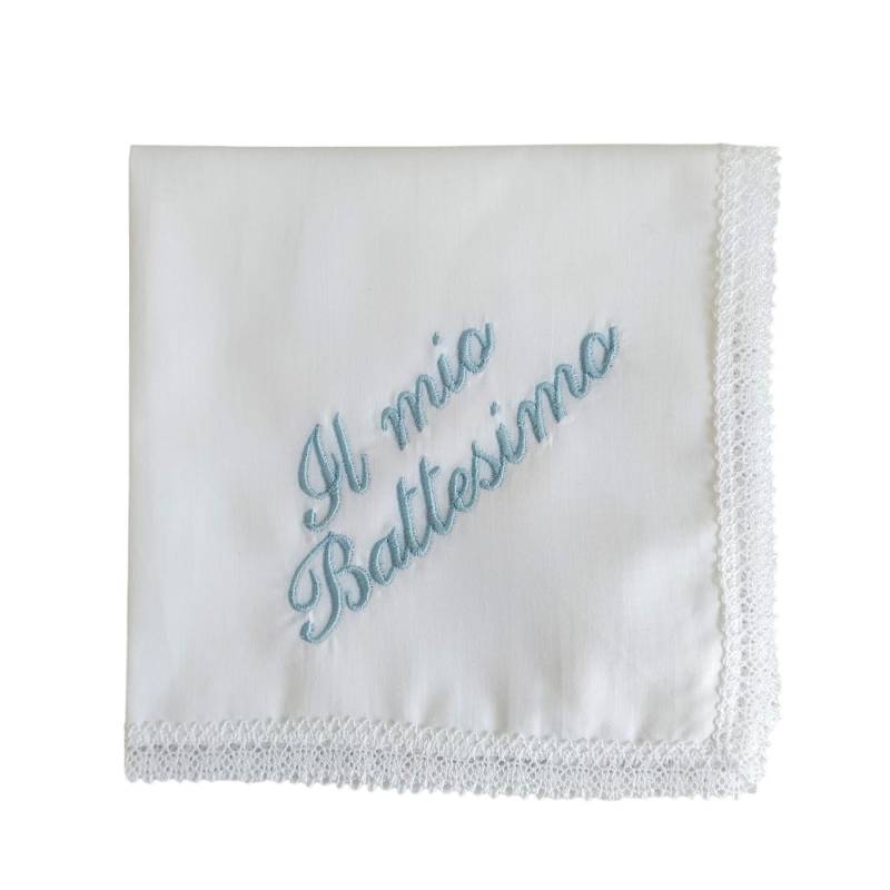 Fazzoletto per battesimo bambino bianco con ricamo celeste - 