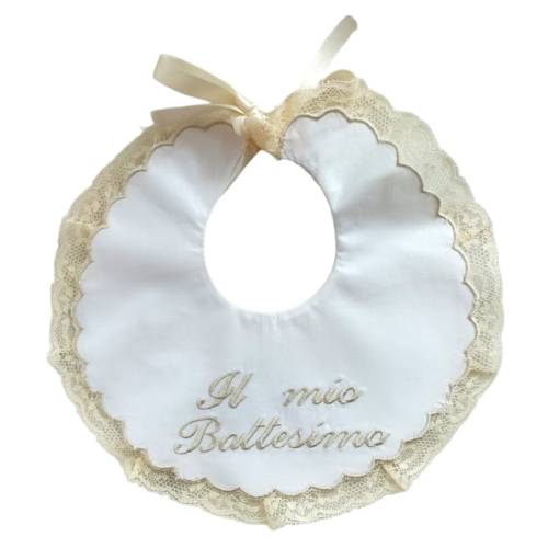 Bavetta per battesimo elegante ricamata con pizzo valenciennes color panna - 
