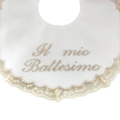 Bavetta per battesimo elegante ricamata con pizzo valenciennes color panna - 