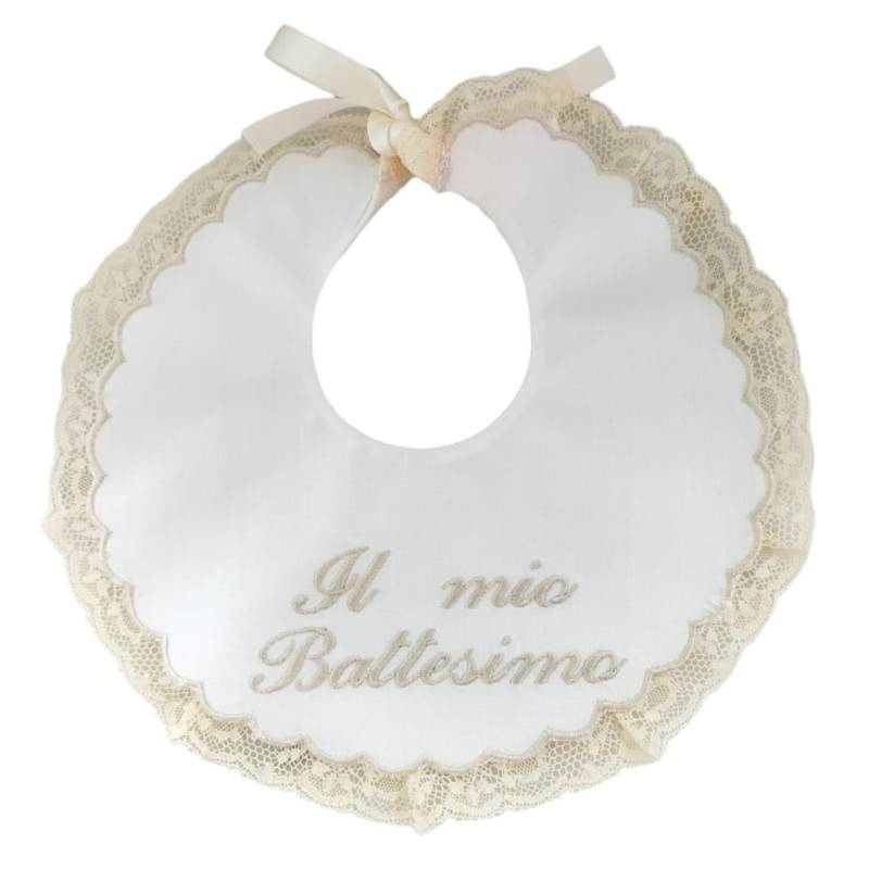 Bavetta per battesimo elegante ricamata con pizzo valenciennes color panna - 