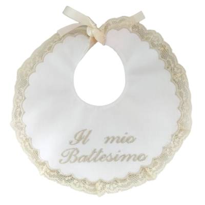 Bavetta per battesimo elegante ricamata con pizzo valenciennes color panna - 