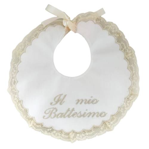 Bavetto e fazzoletto per Battesimo color panna ricamati -  2