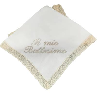 Bavetto e fazzoletto per Battesimo color panna ricamati - 