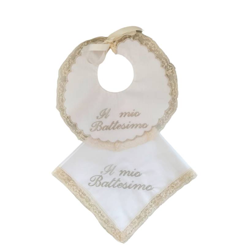 Bavetto e fazzoletto per Battesimo color panna ricamati - 