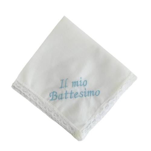 Fazzoletto per battesimo bambino con ricamo celeste - 