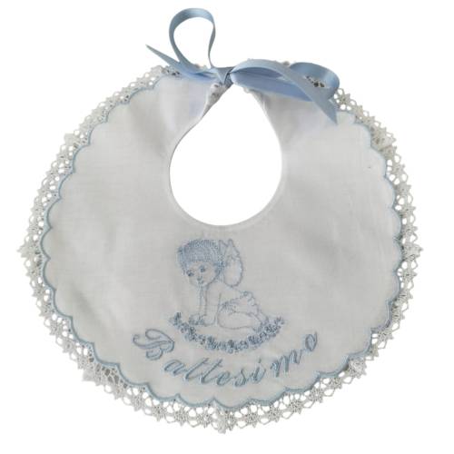 Bavetta Battesimo per bambino bianca con ricamo celeste - 
