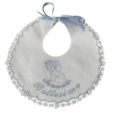 Bavetta Battesimo per bambino bianca con ricamo celeste - 