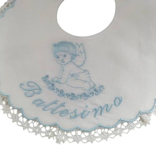 Bavetta Battesimo per bambino bianca con ricamo celeste -  2