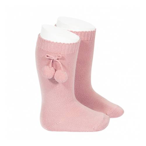 Warm cotton long socks with pink pompom - 