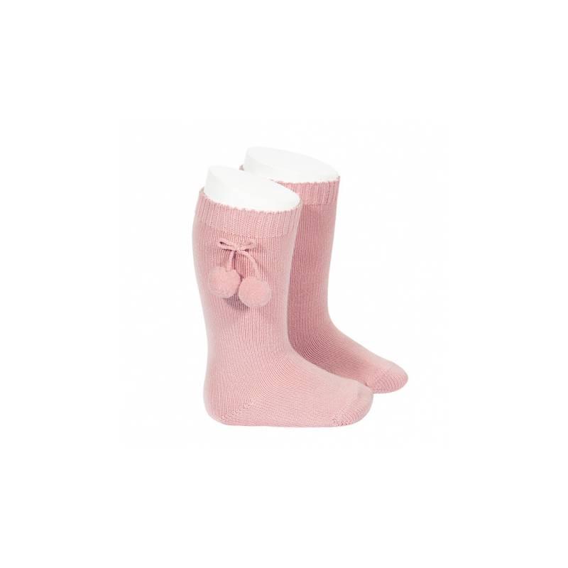 Chaussettes longues en coton avec pompon rose -