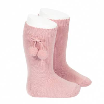 Chaussettes longues en coton chaud avec pompon rose - 