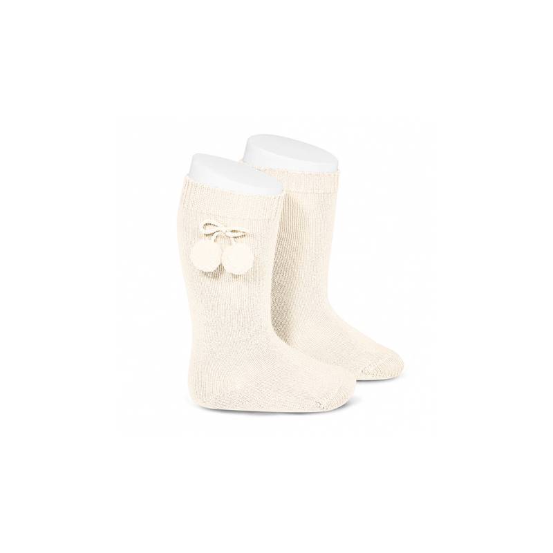 Chaussettes longues en coton avec pompon beige 30192_303 -