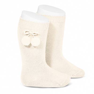Warme lange Socken aus Baumwolle mit Pompon beige 30192_303 - 