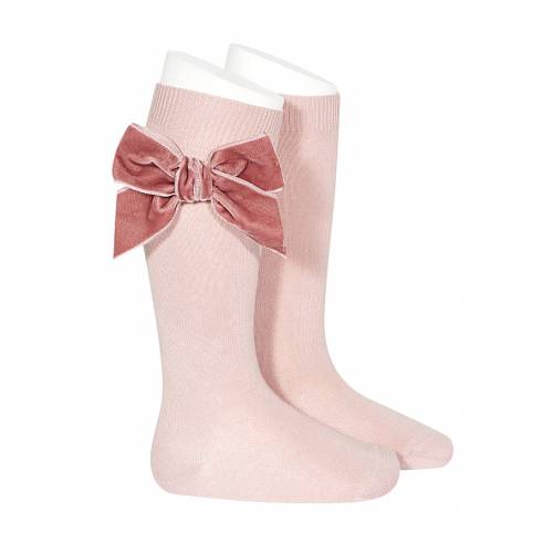 Calze lunghe a maglia rasata con fiocco in velluto rosa pallido 24892_526 - 