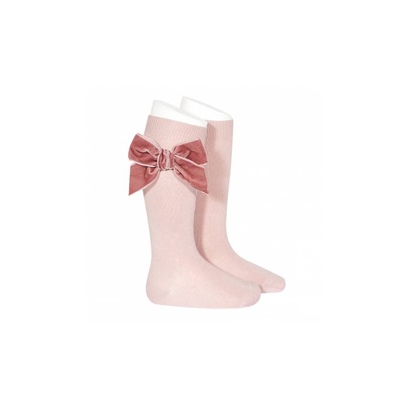 Chaussettes longues en velours rose pâle avec nœud 24892_526 -