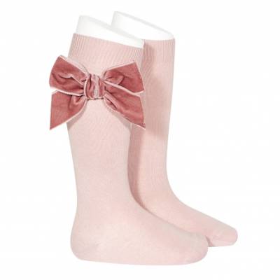 Calcetines largos de punto de terciopelo rosa palo con lazo 24892_526 - 