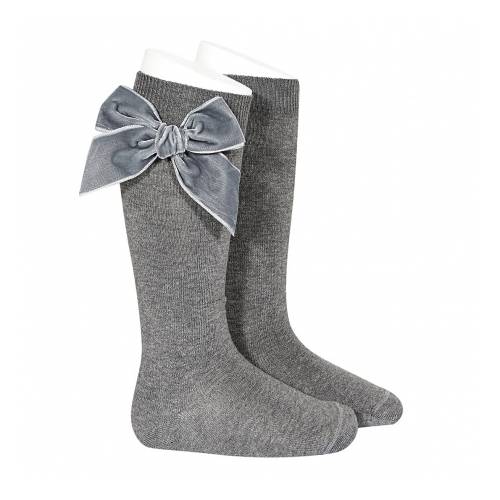 Chaussettes longues en coton tricoté avec nœud en velours gris 24892_230 - 