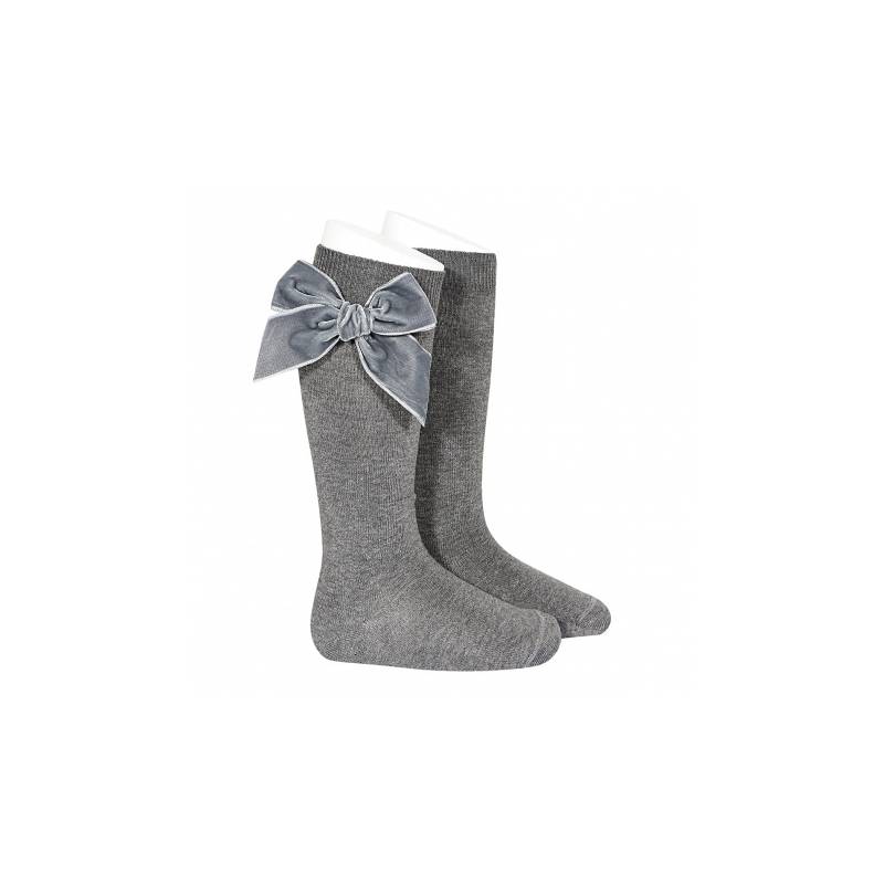 Warm cotton knit long socks with velvet bow grey 24892_230 -