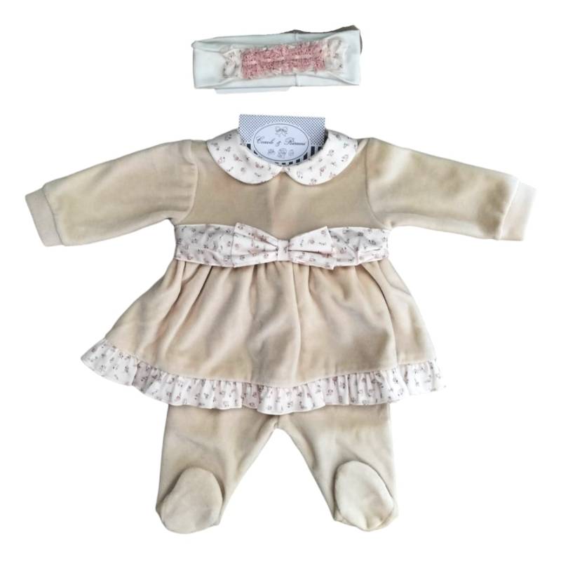 Teto&Tatta newborn baby cotton fleece sleepsuit 1 month cream with lace - 