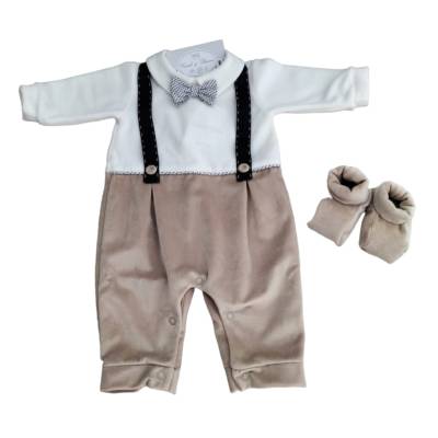 Tutina neonato ciniglia bianco, blu e tortora con scarpine  misura 1 mese - 