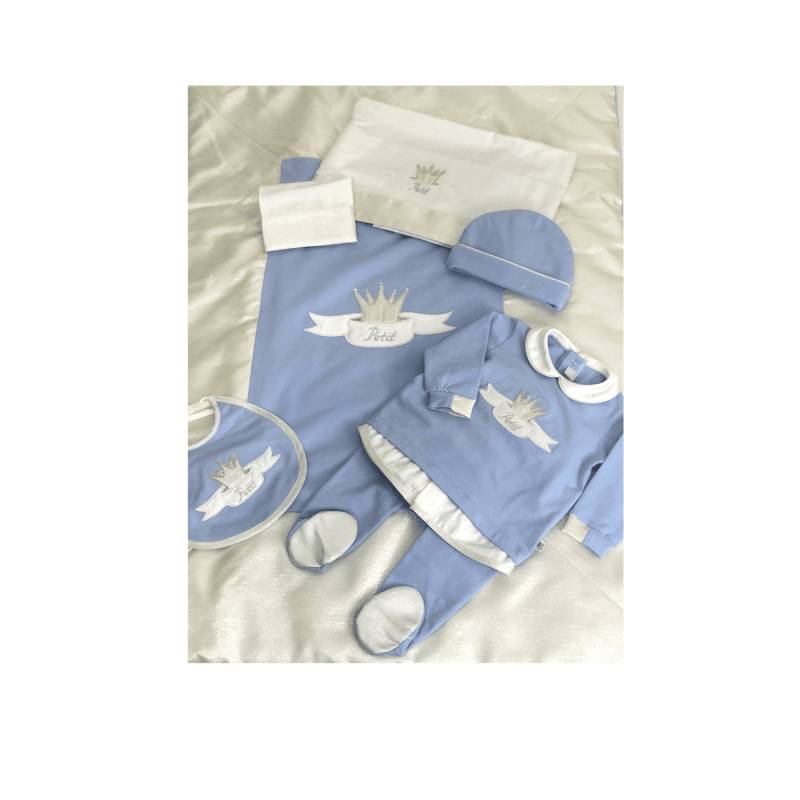 Conjunto de algodão azul claro para bebé menino com pormenores prateados 1 mês Petit - 
