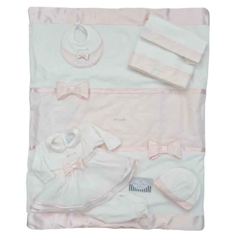 Corredino neonata elegante in ciniglia Minù bianco e rosa con tulle lurex -