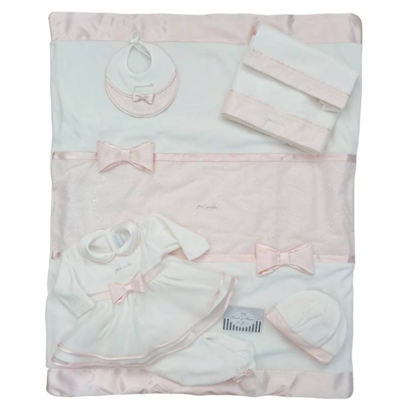 Fato elegante de menina recém-nascida em chenille Minù branco e cor-de-rosa com renda - 
