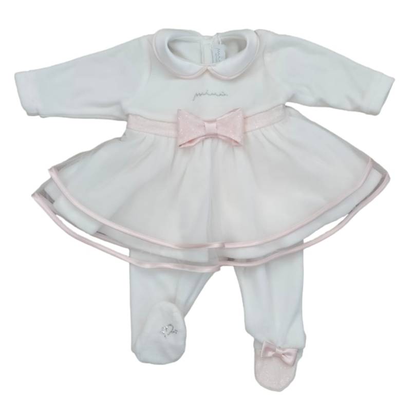 Elegantes Outfit für neugeborene Mädchen aus Chenille Minù weiß und rosa mit Spitze - 
