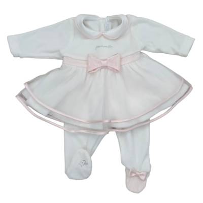 Elegant newborn girl's outfit in chenille Minù white and pink with lace - 