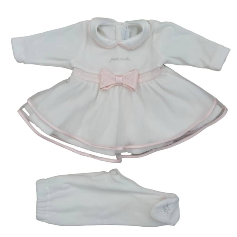 Elegante conjunto de recién nacida en chenilla Minù blanco y rosa con encaje - 