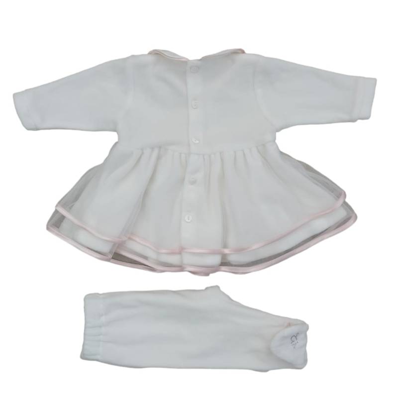 Ensemble élégant pour nouveau-né en chenille Minù blanc et rose avec dentelle - 