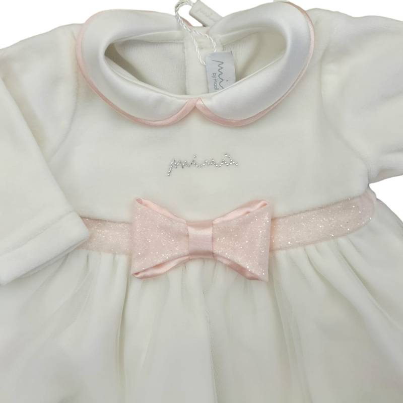 Elegante conjunto de recién nacida en chenilla Minù blanco y rosa con encaje - 