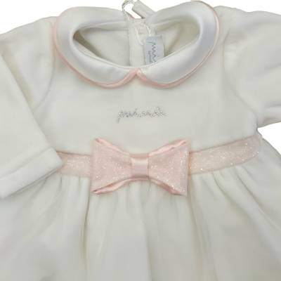 Fato elegante de menina recém-nascida em chenille Minù branco e cor-de-rosa com renda - 