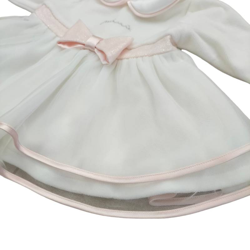 Elegant newborn girl's outfit in chenille Minù white and pink with lace - 